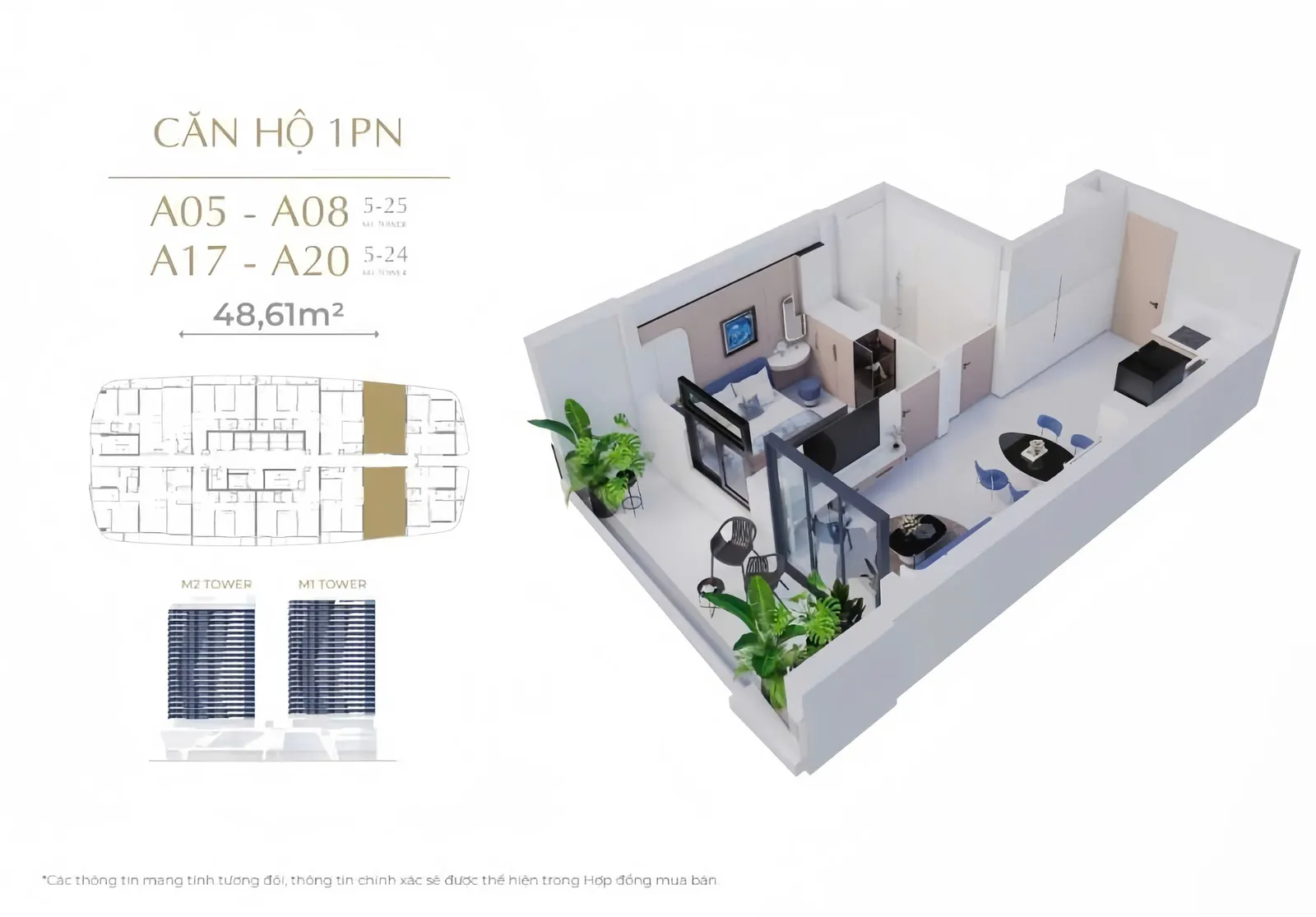Layout căn hộ 1PN tòa Dimond Tower. Ảnh: DDI.